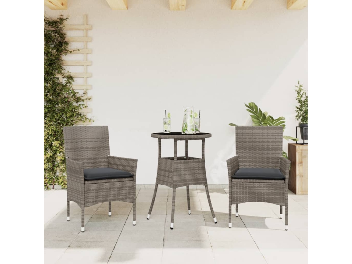 Juego de comedor de jardín de 3 piezas con cojines, mimbre, polietileno y vidrio, gris, Dkd Home Decor