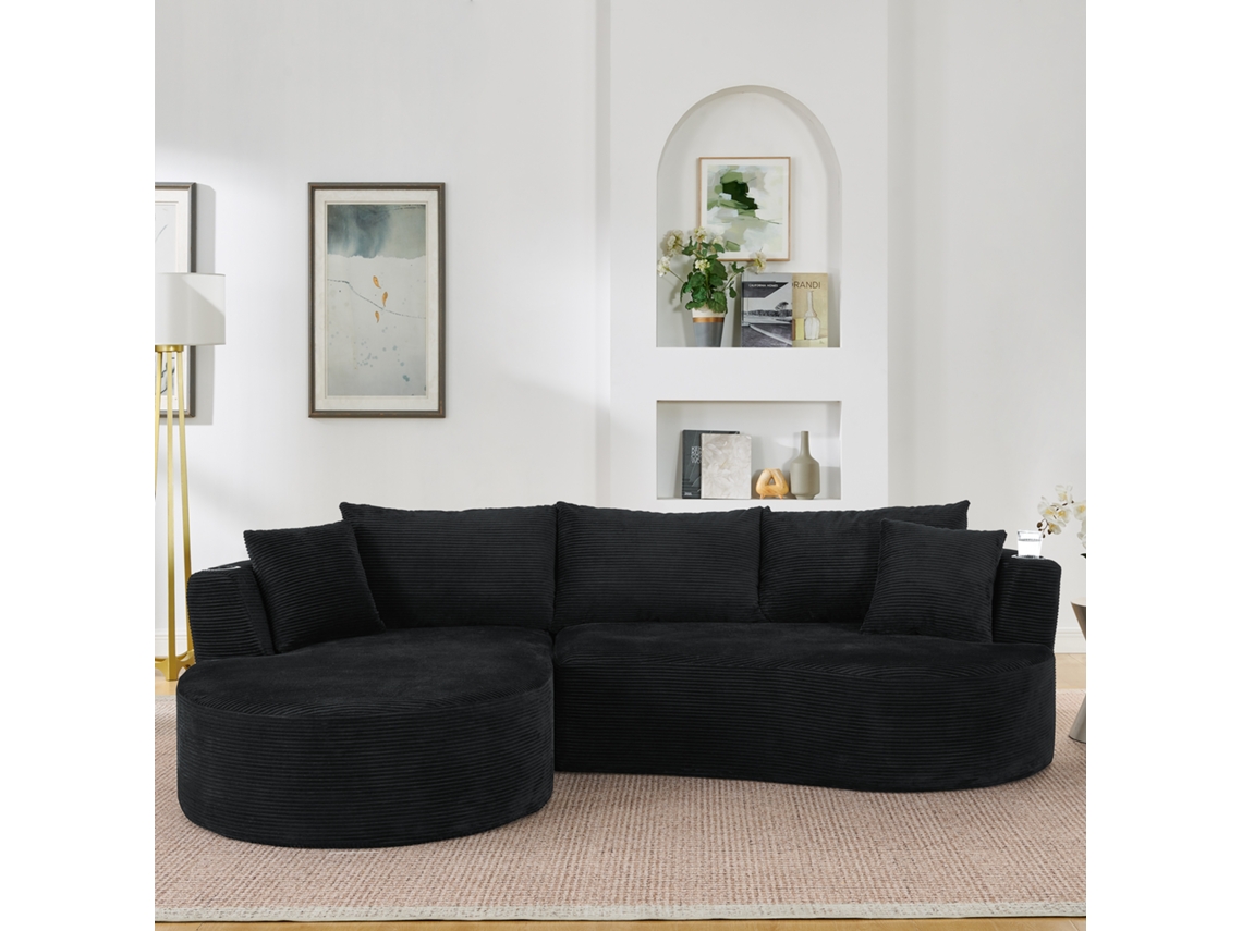 Sofá de 3 plazas con chaise longue a la izquierda, terciopelo de pana, portavasos, cojines incluidos, envasado al vacío, color negro.