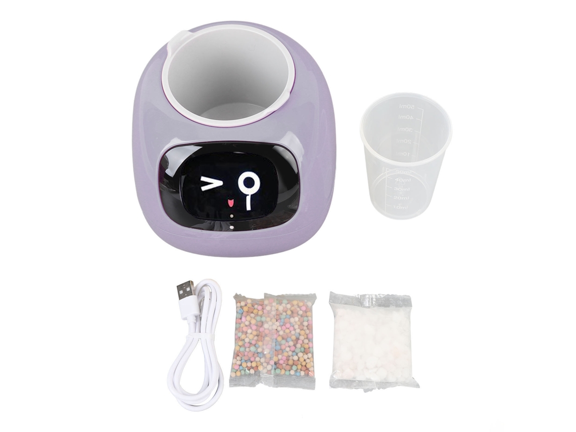 Maceta inteligente con expresiones y depósito de agua morado.