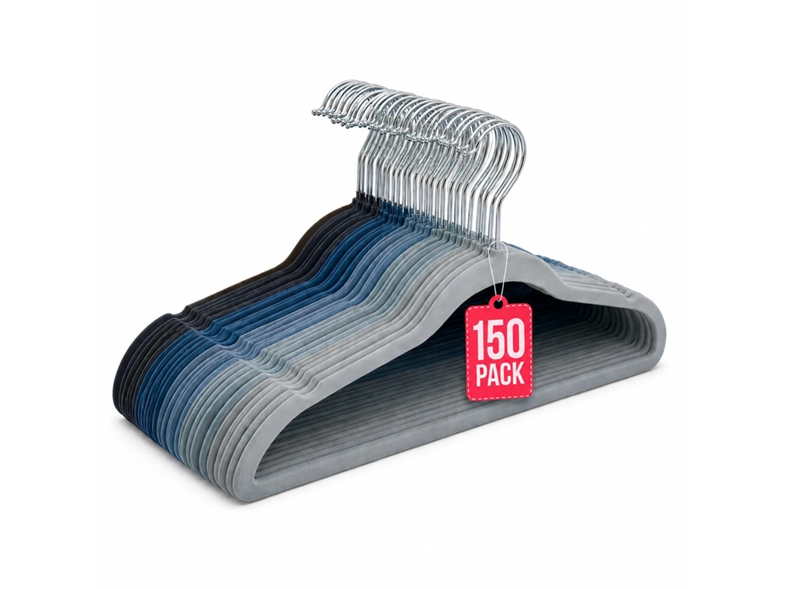 Com-fort House Perchas De Terciopelo Antideslizantes Pack 150 – Tonos Azul – Ultrafinas Ahorra Espacio – Gancho Giratorio 360° – Perchas Para Ropa, Trajes, Vestidos Y Camisas