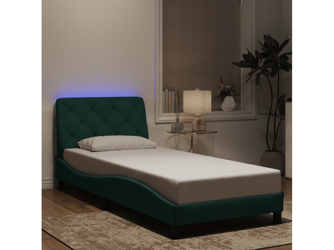 Estructura Cama Con Luces Led Terciopelo Verde Oscuro 90x200 Cm