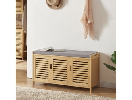 Banco Zapatero Selk con estante inferior y puertas bambú tela 50 x 90 x 35 cm - Gris y Color natural [EN.CASA]
