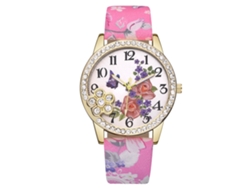 Reloj De Pulsera Para Mujer Con Correa De Pu Con Estampado Floral Y Diamantes De Imitación - Movimiento De Cuarzo Vansvar (rosa)