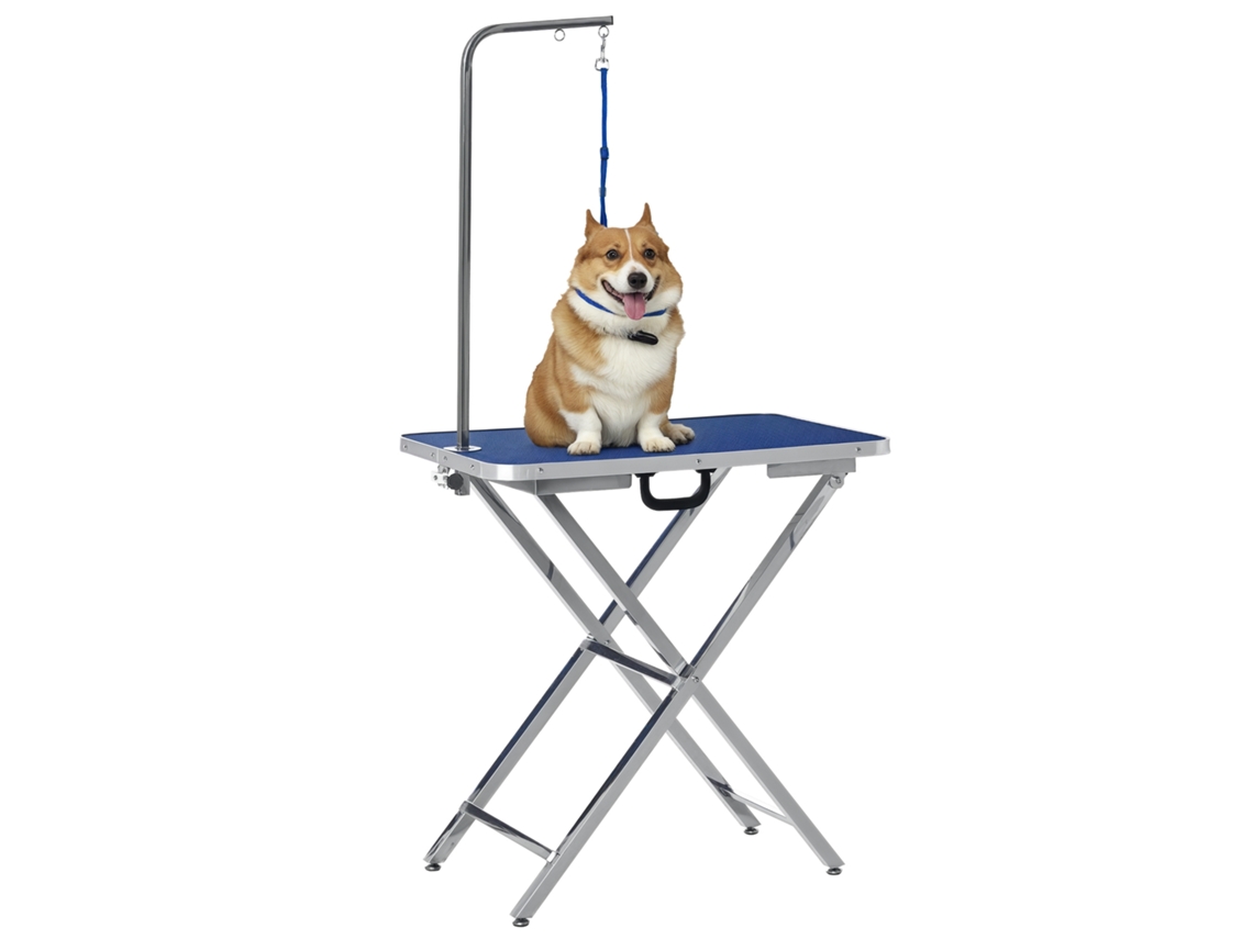 Mesa De Peluquería Canina Con Superficie Antideslizante, Patas Plegables Y Reposabrazos, 72x45x74-81 Cm, Azul.