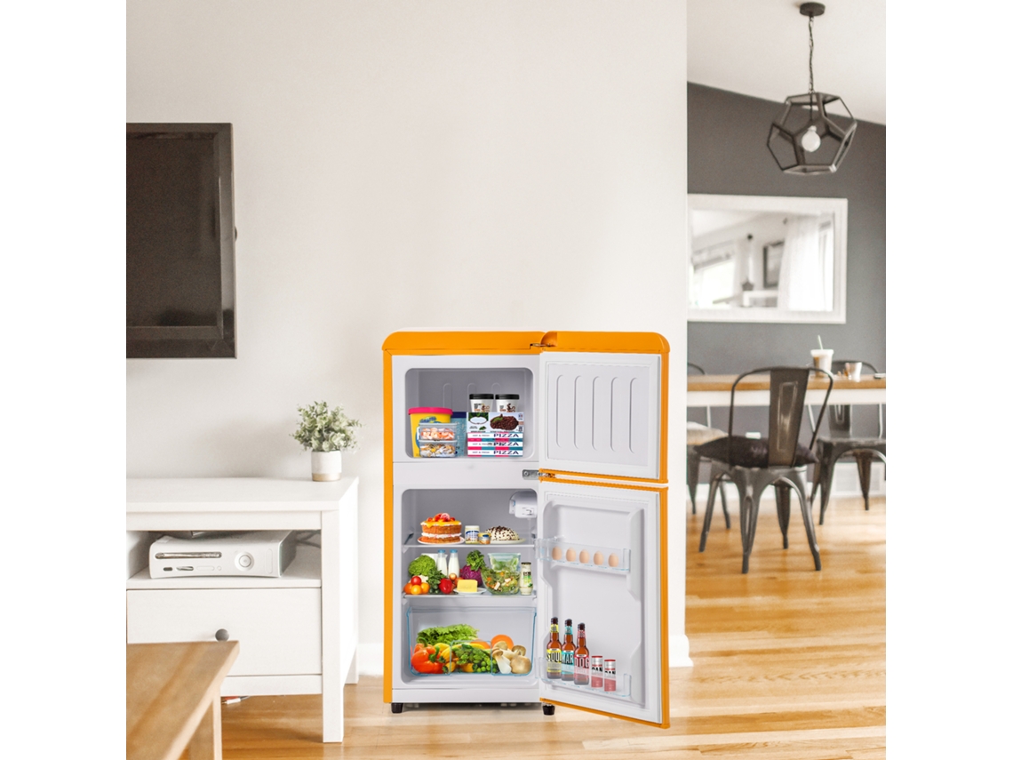 Nevera Retro De Doble Puerta 60l - Congelador 22l, Luz Led, Eficiencia Energética - Amarilla Antigua