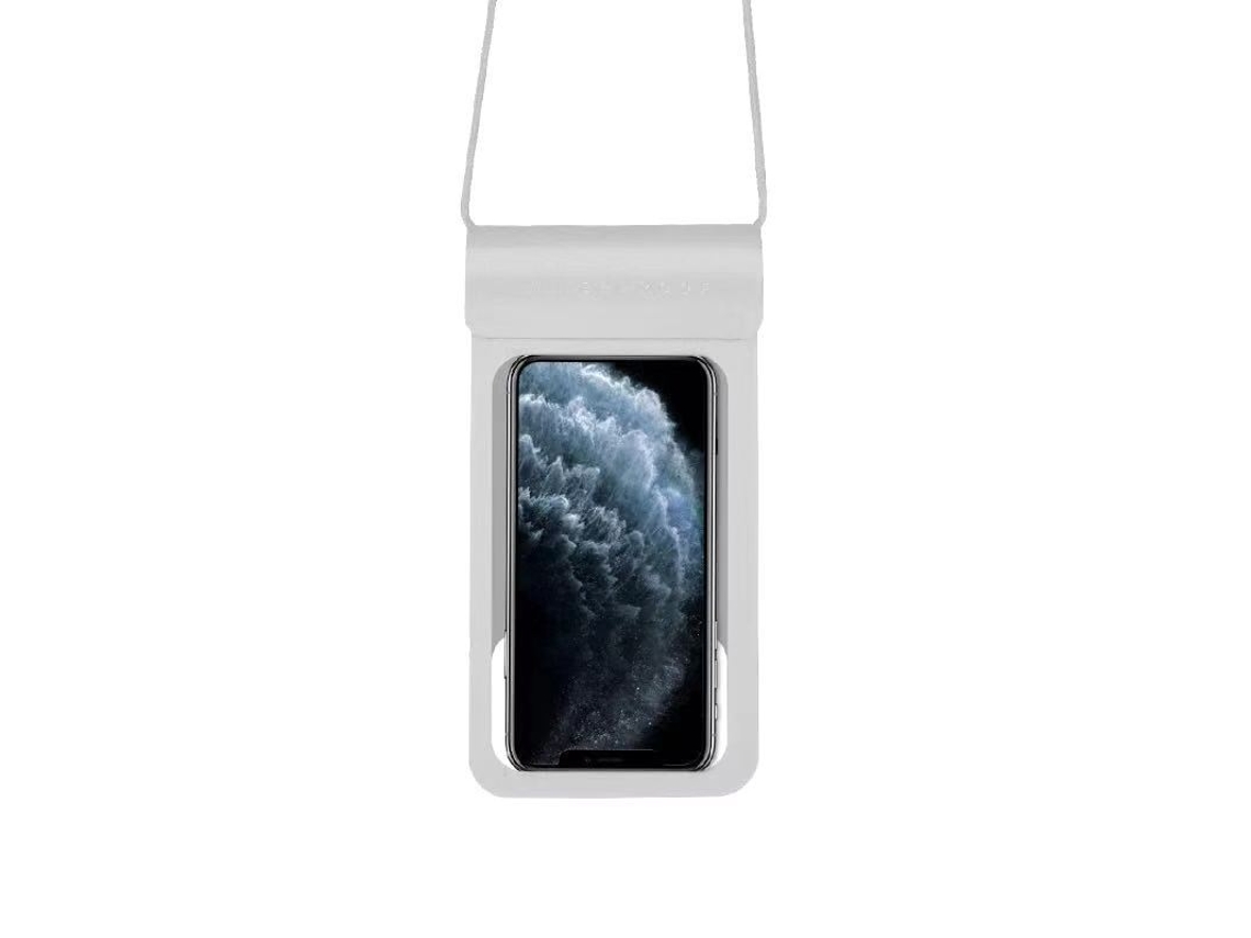 Funda impermeable de TPU para teléfono, ideal para nadar y bucear, fabricada en cuero sintético. Color plata brillante. Tamaño extragrande con capacidad para un cargador.