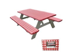 JILLIOPER Funda para mesa de picnic con fundas para bancos, bordes elásticos, mantel ajustable de vinilo impermeable con reverso de franela, resistente al vient