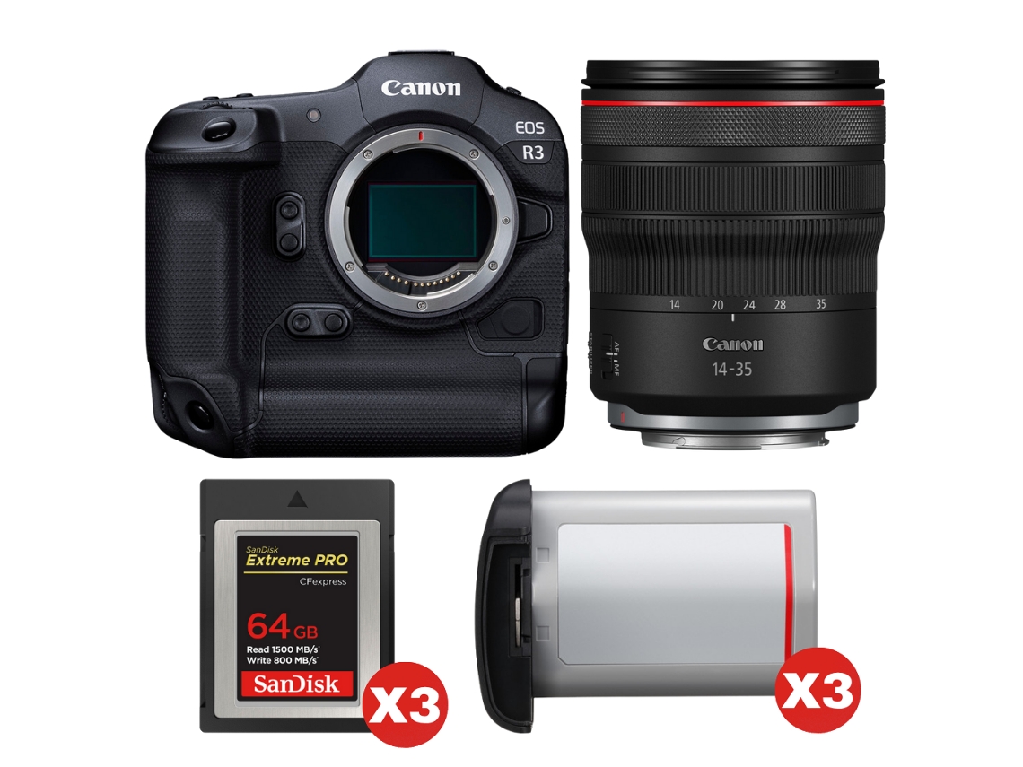 Canon Eos R3 + Rf 14-35mm F/4 L Is Usm + 3 Sandisk 64gb Extreme Pro Cfexpress Type B + 3 Canon Lp-e19 + Ebook “20 Consejos Para Fotos Que Impactan”