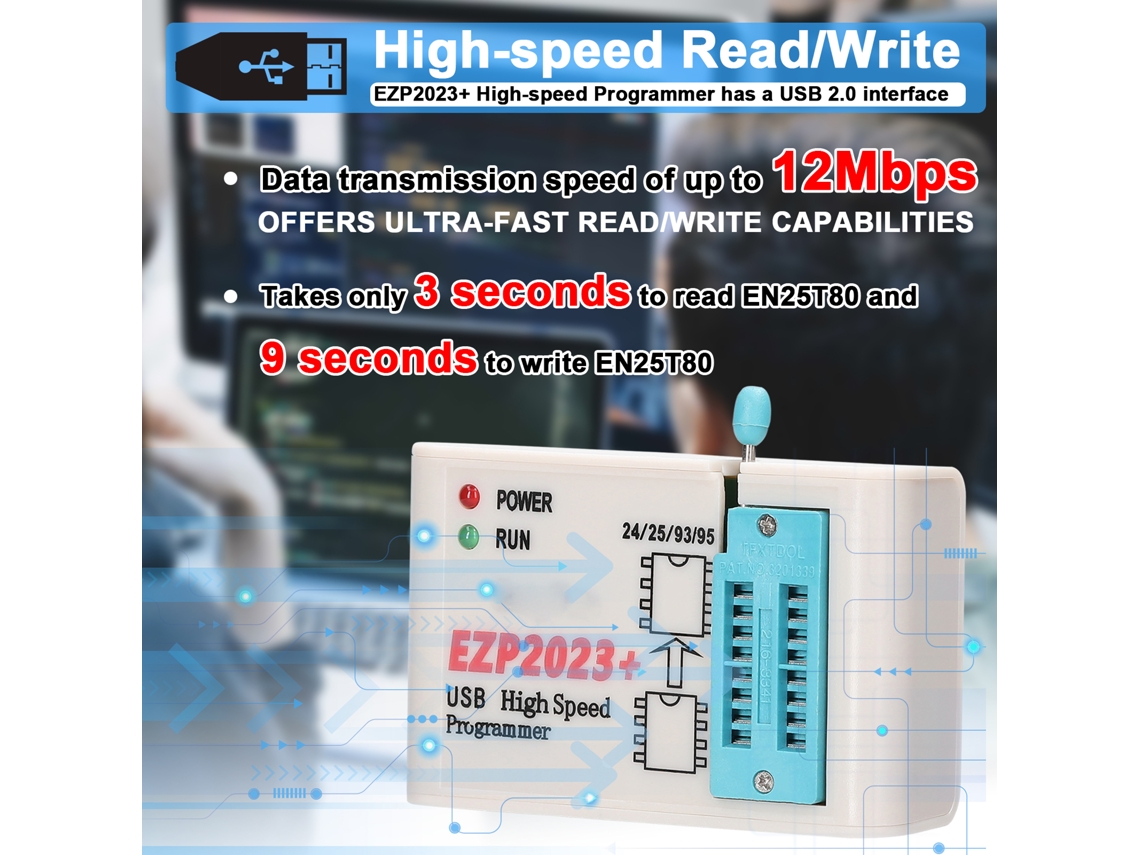 Programador Ezp2023+ de alta velocidad (modelo 2026as) con interfaz USB 2.0 para reparación de electrodomésticos, programación de chips y pruebas.