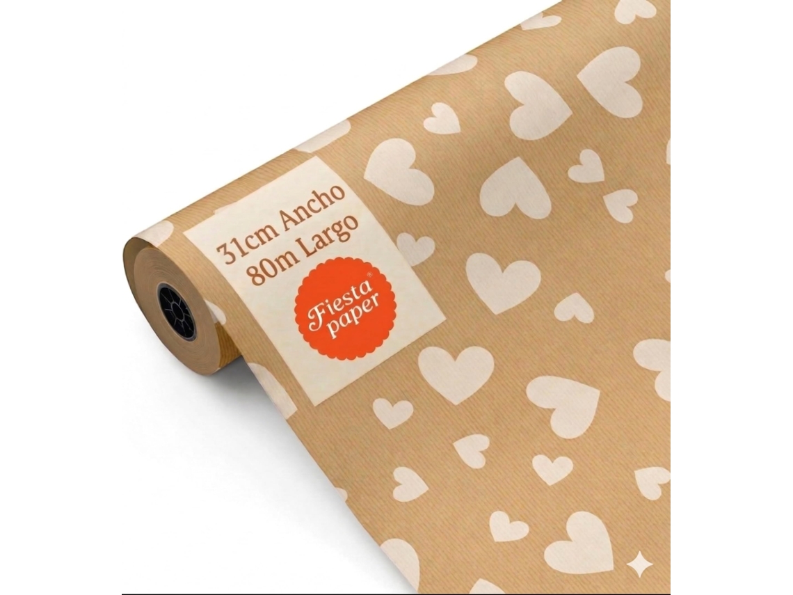 Rollo Papel Regalo Kraft Corazones 31cm X 80m Bobina Resistente San Valentín Bodas - Fp Fiesta Paper