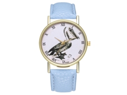 Reloj De Cuarzo Para Mujer Zhoulianfa Con Correa De Cuero Pu, Dial Redondo Y Patrón De Pájaro Azul Claro