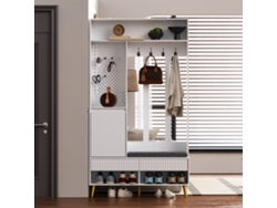 Conjunto De Armario De Pared 100x35x180 Cm - 4 Ganchos, 2 Cajones, 1 Puerta, Banco, Blanco