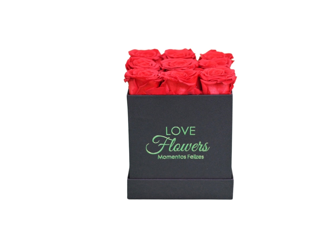 9 rosas preservadas rojas naturales LOVE Flowers en caja cuadrada negra - Colección Square Rose