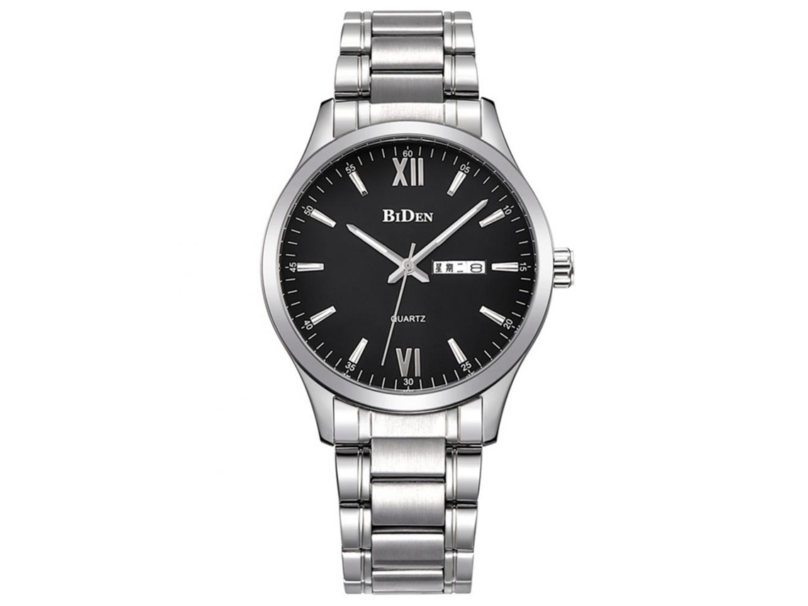 Reloj De Pulsera De Cuarzo Con Correa De Acero Plata Aleación Moda Unisex (dial Negro Hombre)