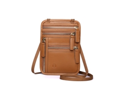 Cartera de cuello con protección RFID, fabricada en piel sintética. Color marrón.
