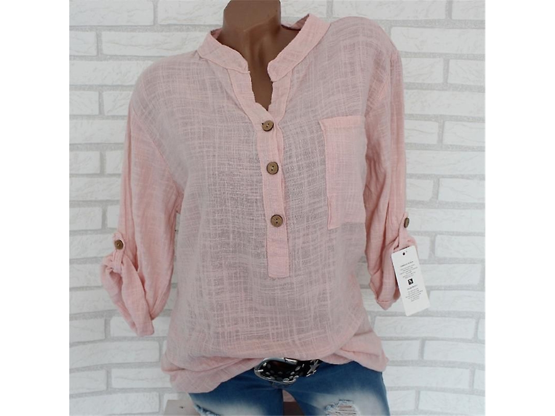 2026-blusa De Lino Para Mujer Camisa High Low Manga Larga Con Puños Desplegables Y Cierre De Botones