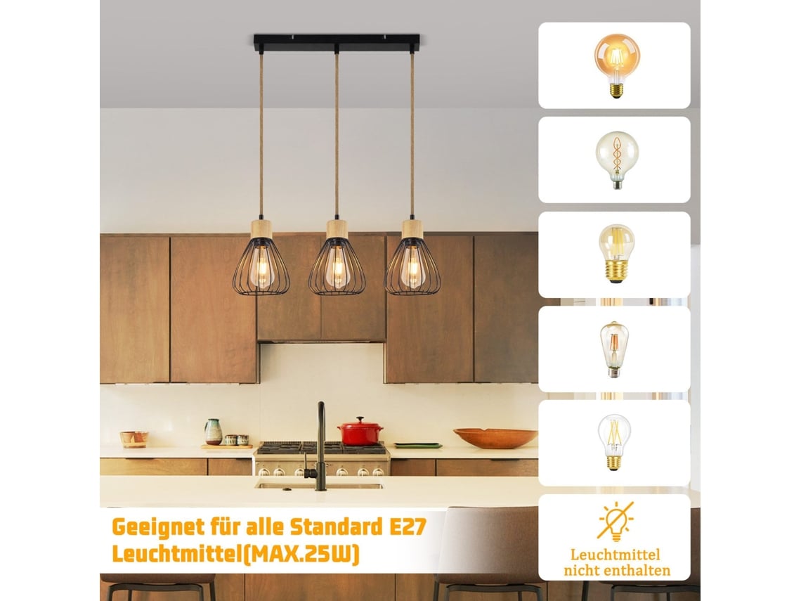 Lámpara colgante Nettlife, estilo vintage, industrial, retro, para salón, de madera y cuerda de cáñamo, en metal negro, 3 luces, E27