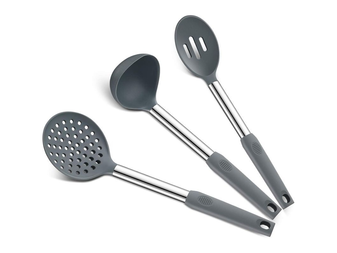 Juego De 3 Utensilios De Cocina De Silicona: Cuchara Para Servir, Cuchara Perforada Y Espumadera.