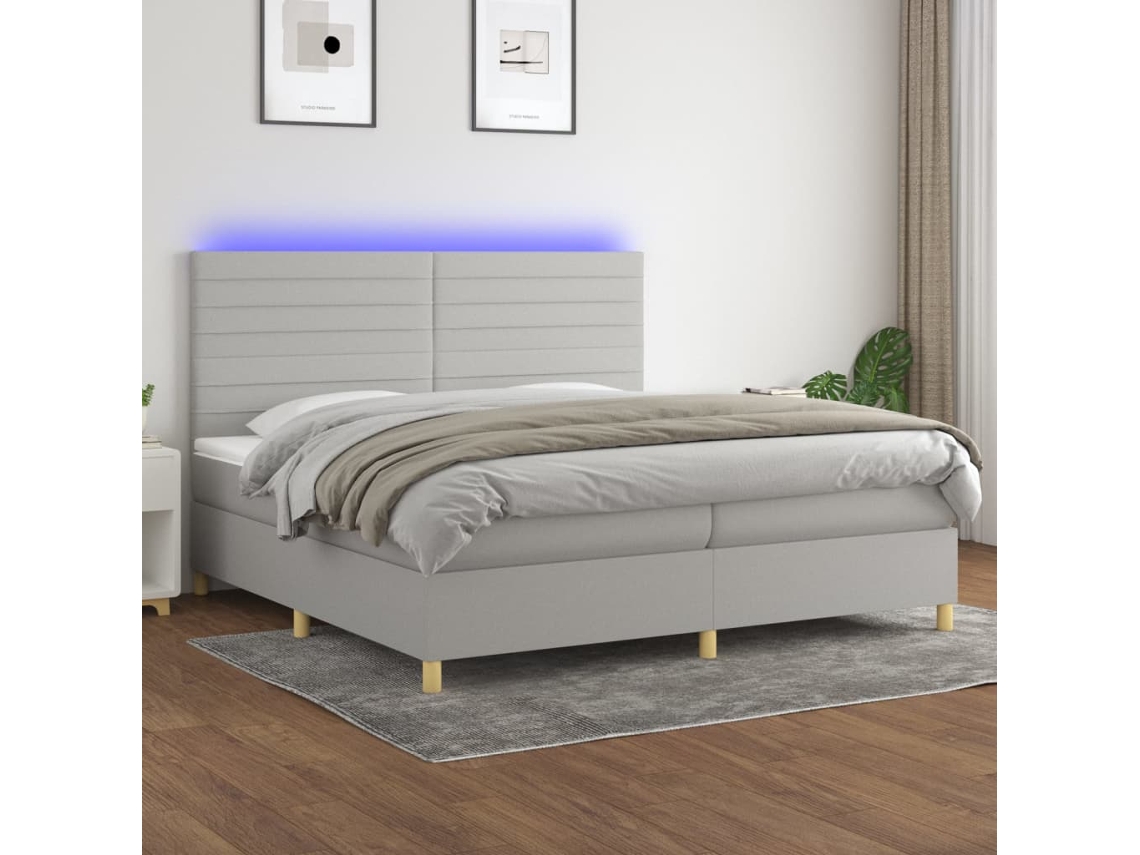Cama Box Spring Con Colchón Tela Y Led Gris Claro 200x200 Cm