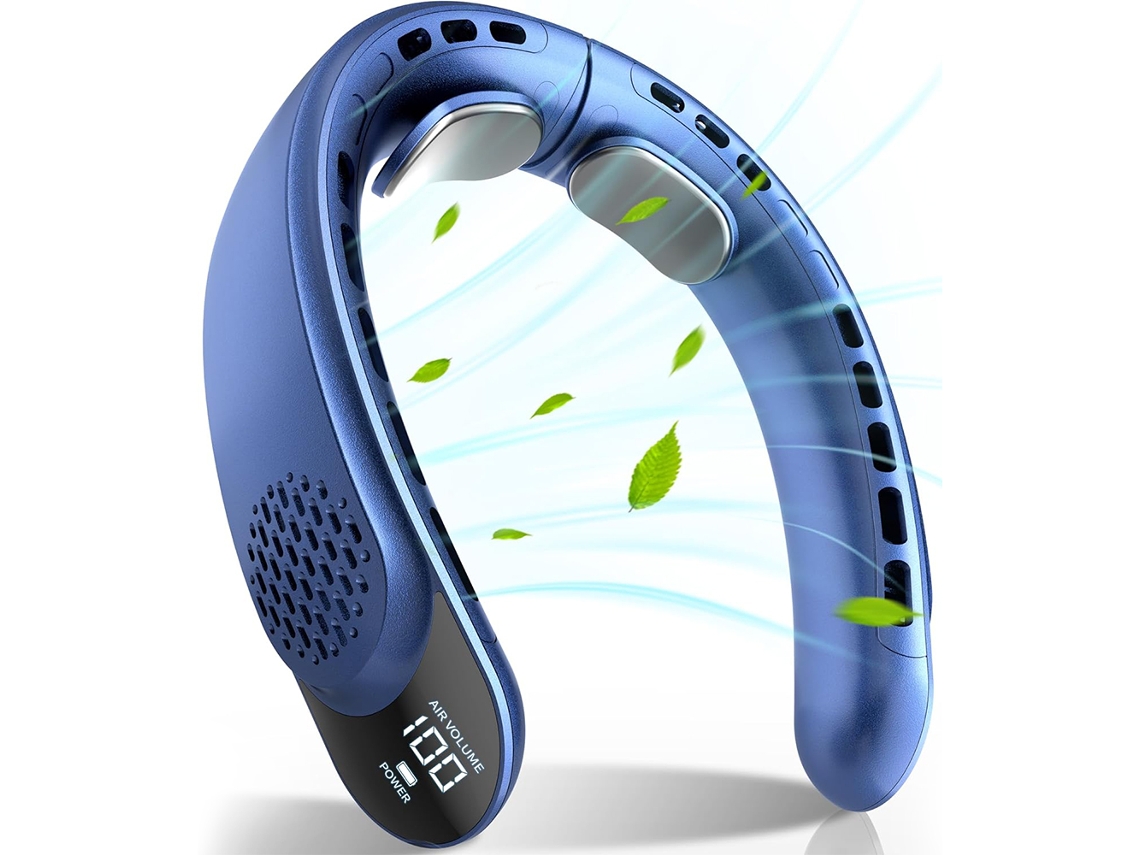 Ventilador de cuello plegable (azul) con turbina, batería de 4000 mAh, 3 velocidades de viento, carga tipo C