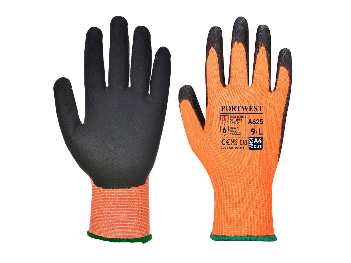 Guante anticorte Vis Tex con revestimiento de PU / Naranja y negro / M Portwest