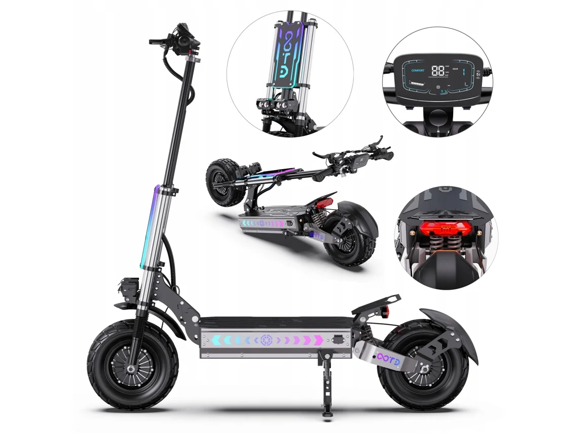 Patinete eléctrico Ootd T90 con doble tracción, motor de 4200 W, batería de 60 V y 31,2 Ah, velocidad máxima de 85 km/h, neumáticos de 13 pulgadas y aplicación.