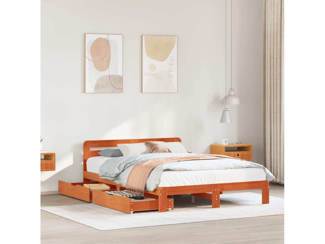 Cama Sin Colchón Madera Maciza De Pino Marrón Cera 140x190 Cm