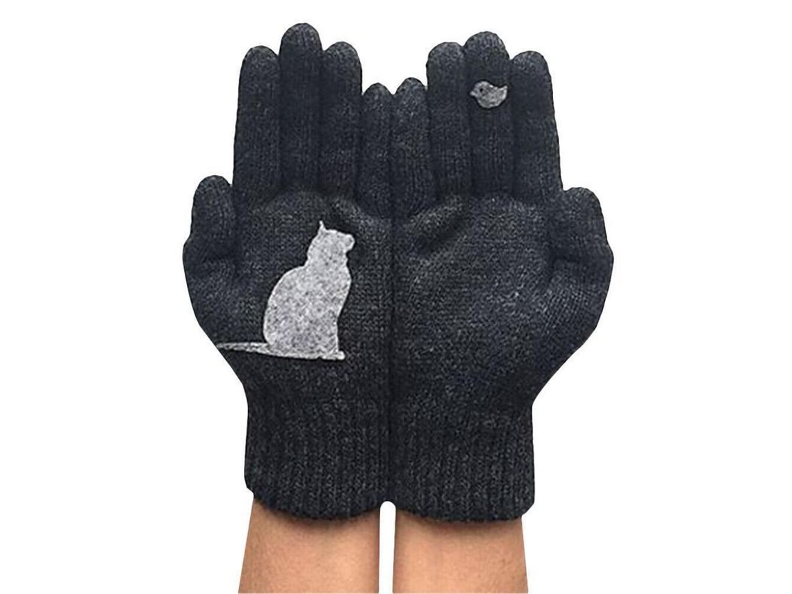 Guantes de invierno con estampado de gato y pájaro, guantes cálidos de algodón/poliéster para parejas negras.