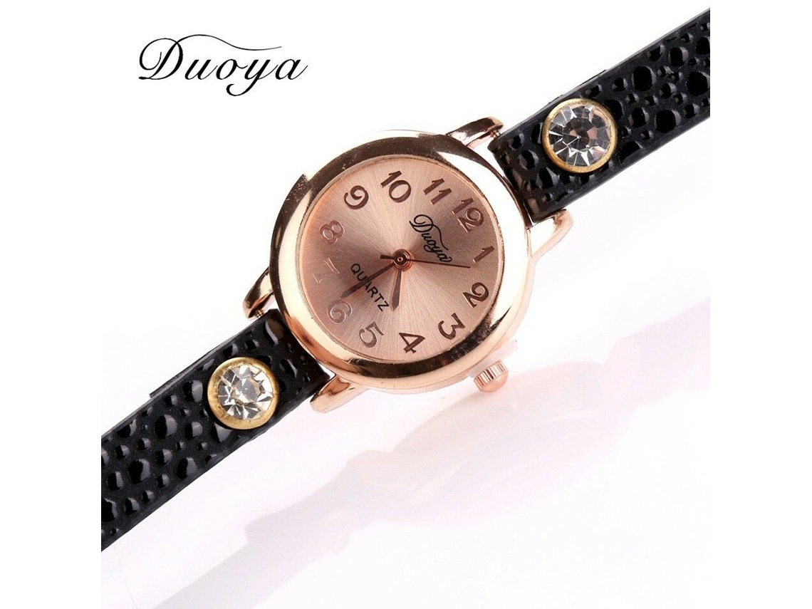 Reloj De Pulsera Analógico De Cuarzo Negro Con Colgante En Forma De Corazón Y Piedras Brillantes, Correa De Pu.