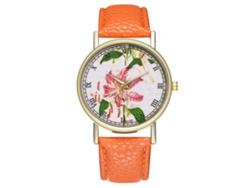 Reloj Analógico De Cuarzo Unisex Con Correa De Pu Y Elegante Esfera Floral (naranja)