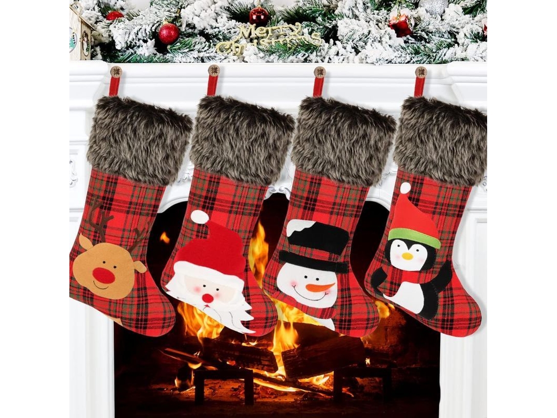 Calcetines Navideños, 4 Unidades, 45 Cm De Tamaño, Estilo A Cuadros, Yute Con Pingüino, Papá Noel, Muñeco De Nieve, Reno Y Peluche.