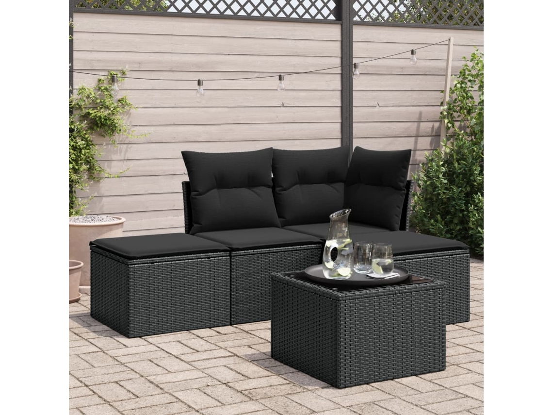 Conjunto de sofá de jardín de 5 piezas con cojines de mimbre sintético negro, Dkd Home Decor