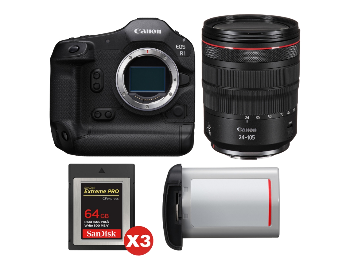 Canon EOS R1 + RF 24 105mm F/4 L IS Usm + 3 Sandisk 64GB Extreme Pro CFExpress Tipo B + Canon LP e19 + Libro electrónico “20 consejos para fotos impresionantes”