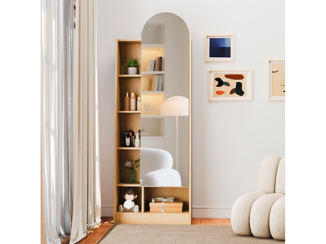 Zapatero de 165 x 60 x 28 cm - Puerta con espejo, estantes ajustables, armario alto para baño - Natural