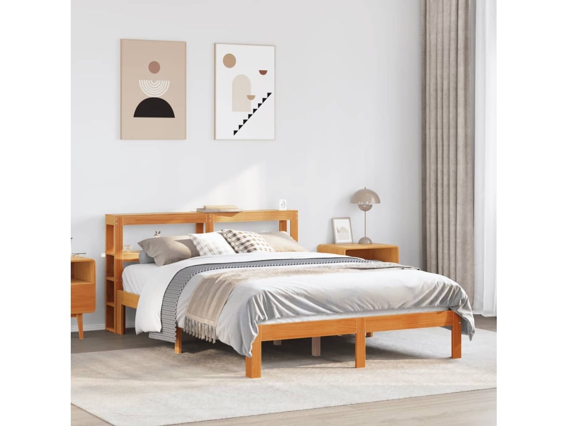 Cama Sin Colchón Madera Maciza De Pino Marrón Cera 140x190 Cm
