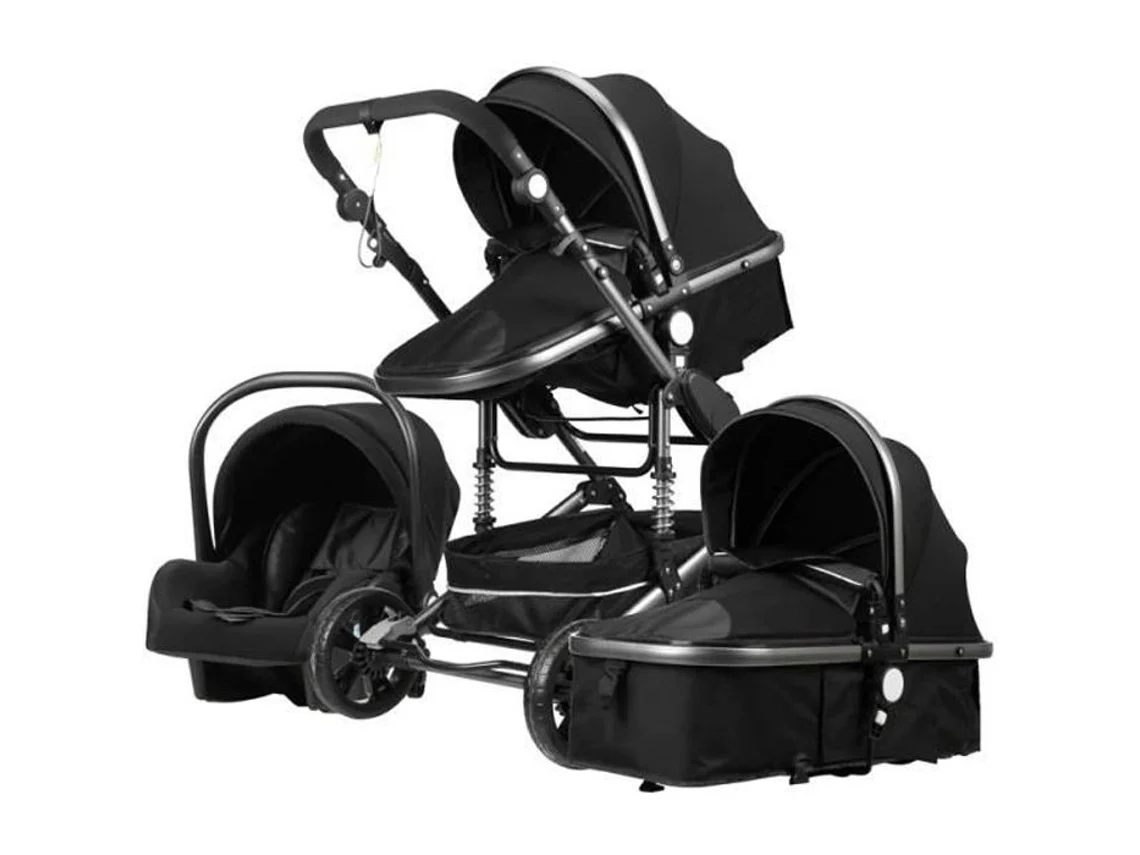 Luxcar Trio Pack 3 en 1, Cochecito Combo, Negro, Arg, Chasis Alto, Amortiguador, Plegable, Asiento Reversible, Ruedas Irrompibles