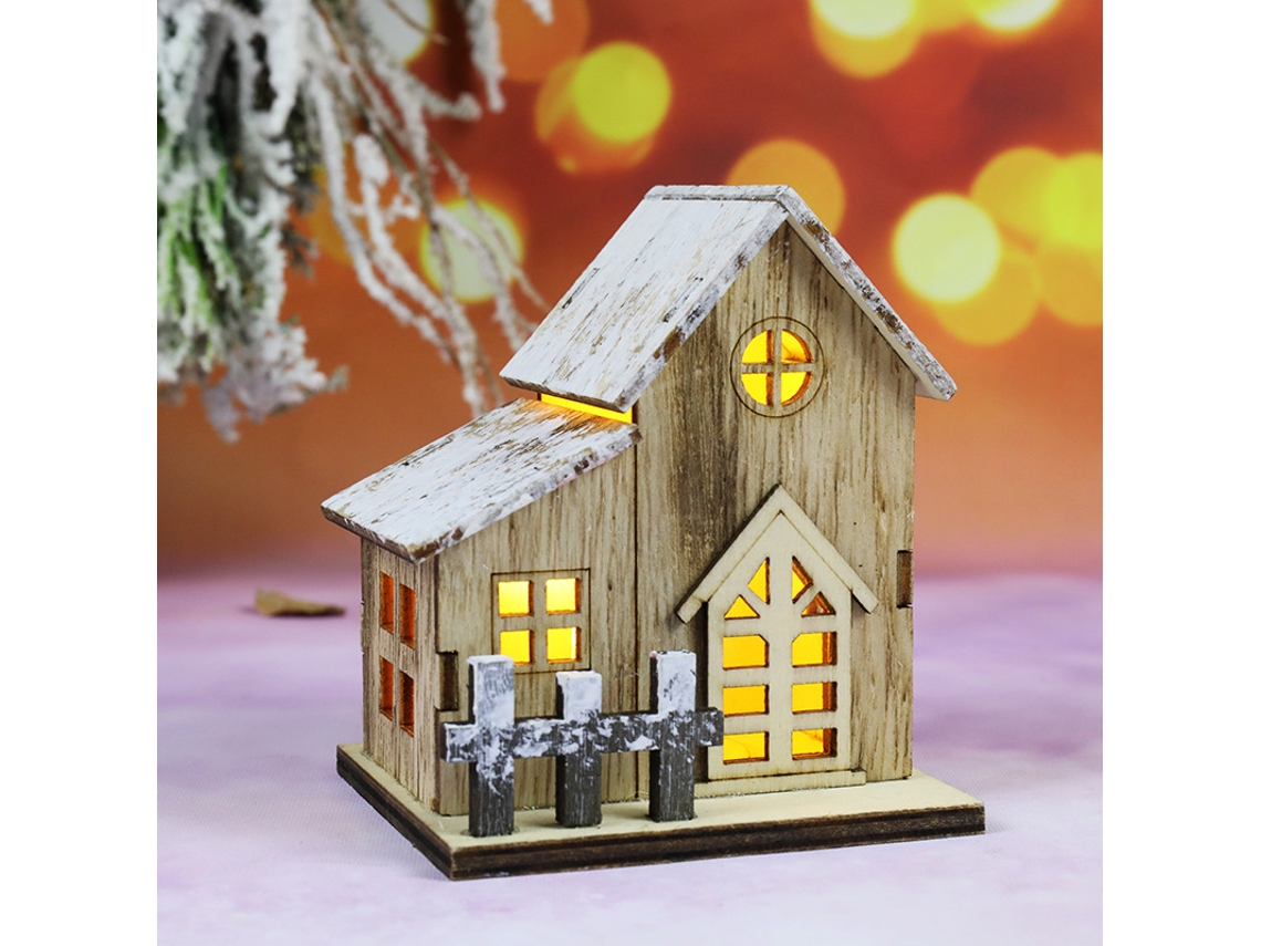 Cabaña de madera iluminada con LED, decoración navideña para casa de campo Siurn (b)