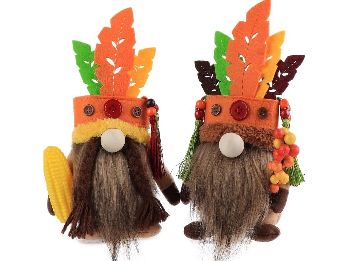 Decoración de gnomo de Acción de Gracias al estilo indígena americano Linjou, 2 piezas de peluche