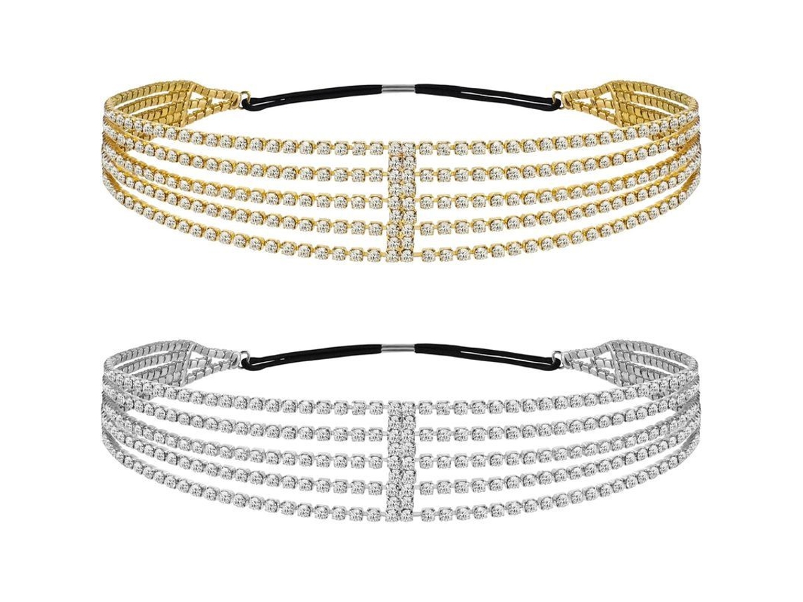 Paquete De 2 Tiaras Elásticas Multicapa Con Diamantes De Imitación Ajustables Para Novias Y Mujeres.