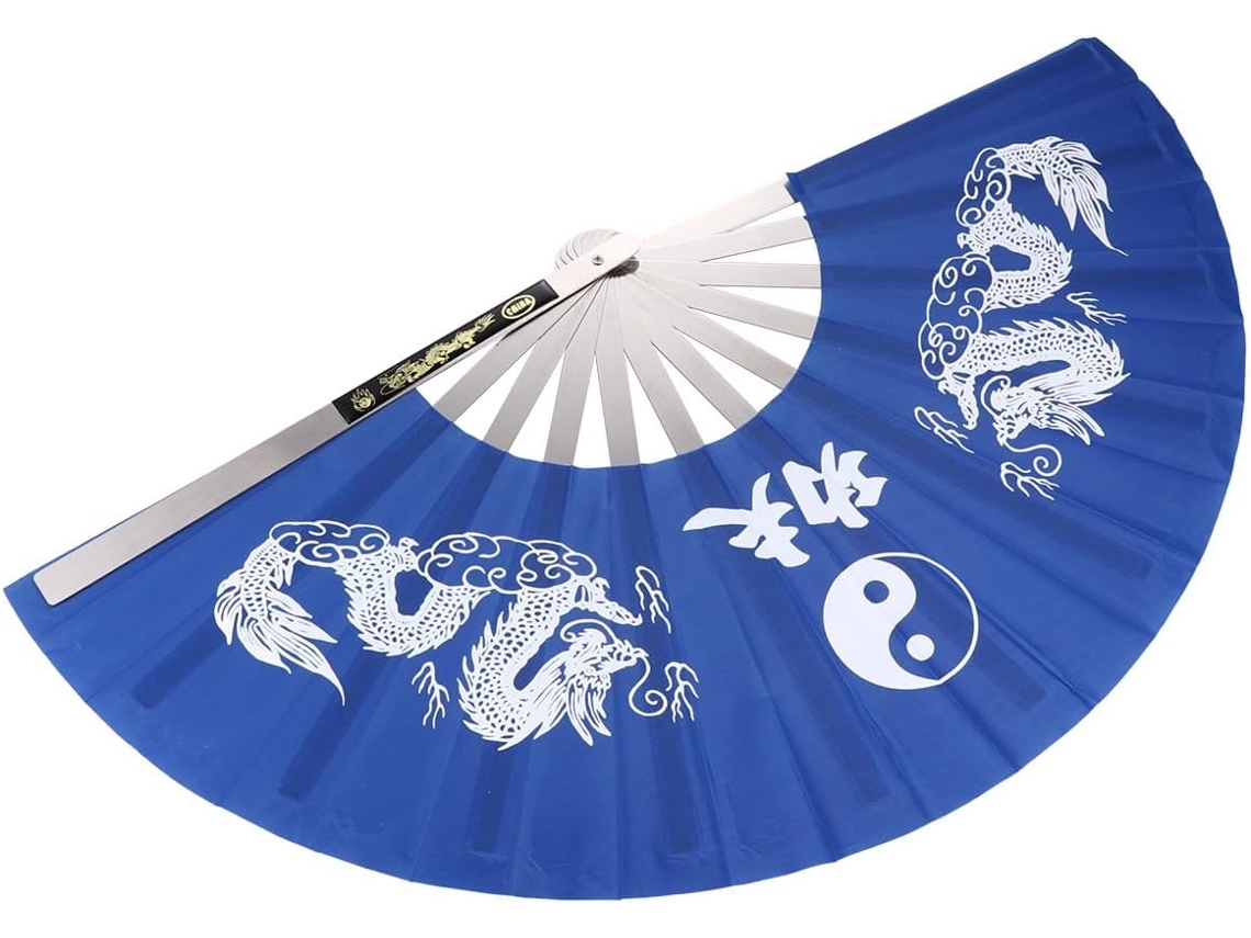 Leque Dobrável Ciieeo Em Aço Inoxidável E Poliéster Azul, Delicado Estilo Chinês Com Estampa Alongada.