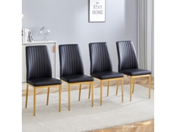 Sillas de comedor, 4 unidades, PU negro, patas de metal dorado, elegante diseño en negro y dorado, Mobrio