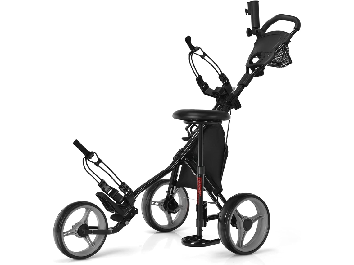 Carro de golf plegable de 3 ruedas, 4 carros de golf con varilla de empuje ajustable en altura, soporte para paraguas ajustable y bolsa de asiento COSTWAY
