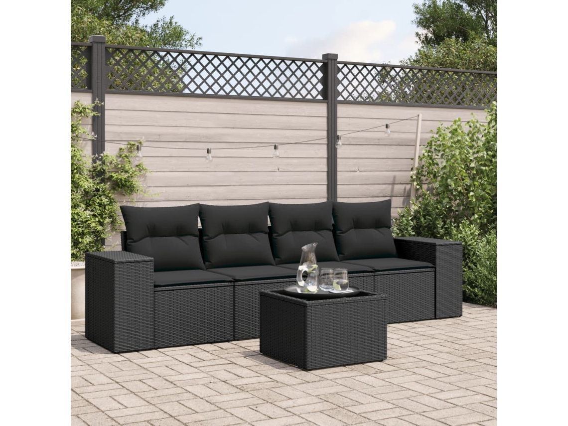 Conjunto de sofá de jardín de 5 piezas con cojines de mimbre sintético negro, Dkd Home Decor