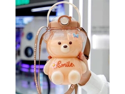 Garrafa de água Linjou 2026 de 1 litro em formato de urso, com canudo e alça, portátil e resistente para adolescentes e meninas (marrom)