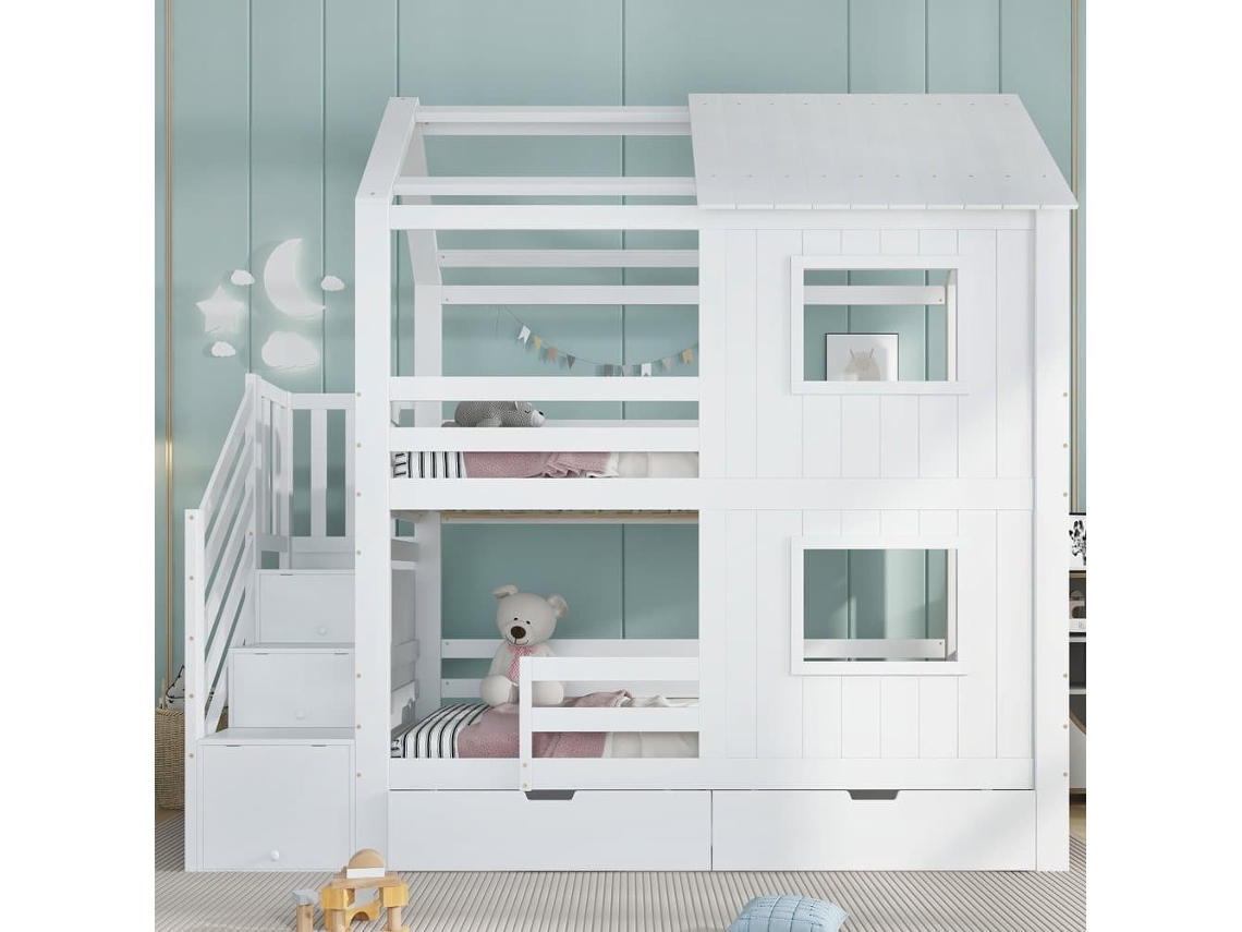 Cama Litera Infantil 90x200 Cm - Con Treppenschrank, Estantes, Cajón Con Ruedas, Ventanas Y Techo - Blanco