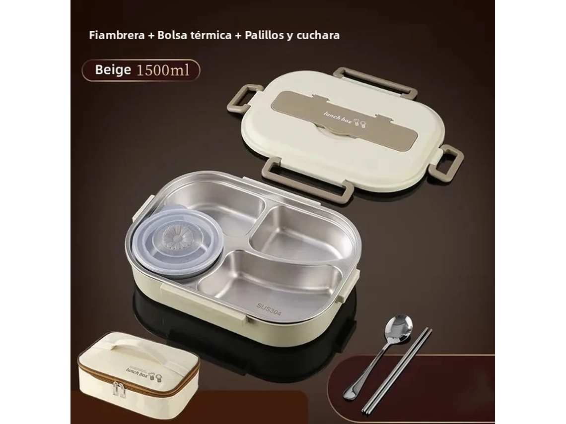 Fiambrera Térmica De Acero Inoxidable 304 Con Divisor, Color Beige, 1500 Ml, Apta Para Microondas Y A Prueba De Fugas.