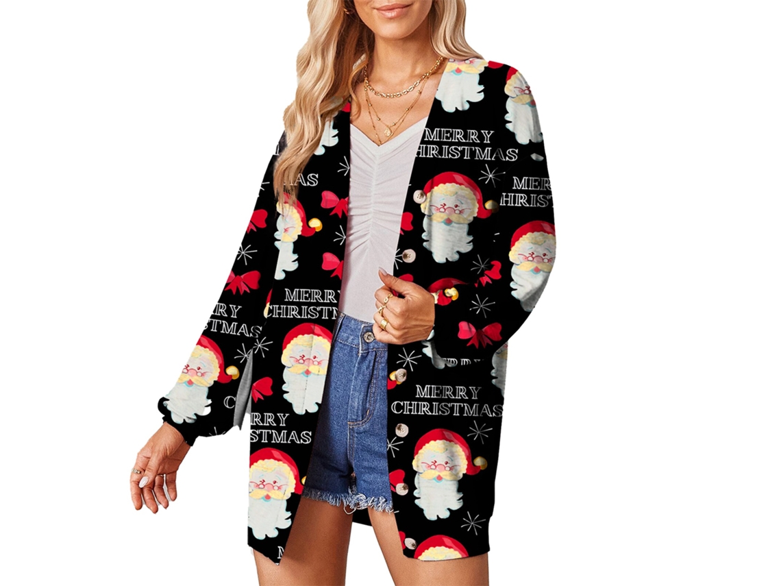 Kkpm-abrigo Cardigan De Mujer De Manga Larga Con Estampado Navideño, Solomango, Casual Y Fashion, Negro Xxl
