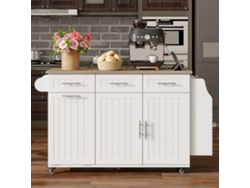 Isla De Cocina Móvil 135x40 Cm - Extensible, Con Tablero Y Espacio Basura, Ruedas, Enchufes - Blanco