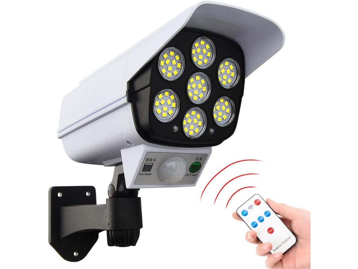 Lámpara solar exterior con 77 LED, simulación de vigilancia y detector de movimiento para montaje en pared. PRIME KANG