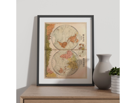 NACNIC Pósters Geográficos En Vintage Mapamundi En Hemisferios De 1879 Ilustraciones De Antiguos Mapamundis En Tonos Sepia Tamaño A3 Con Marco Blan...